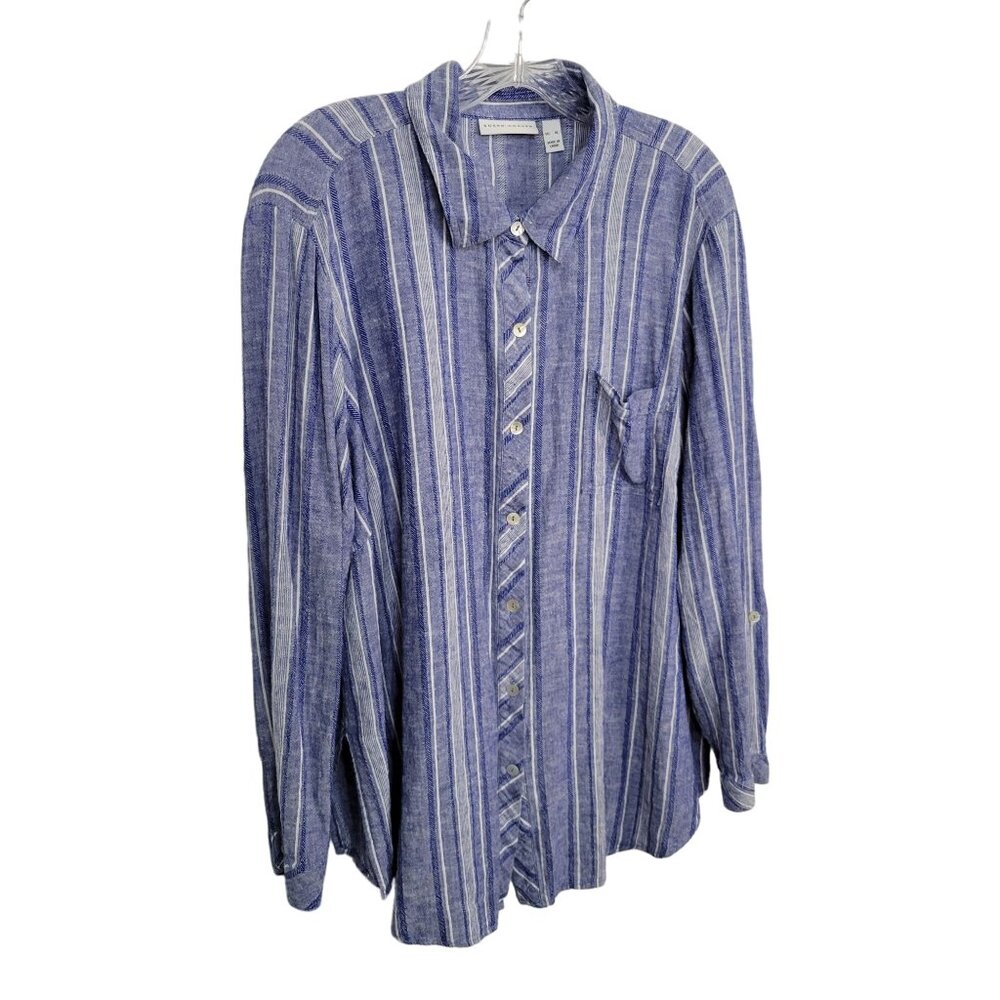 Susan Graver Sz XL Tunic Linen Blend Striped Roll Tab Sleeves Pocket Cross Dyed